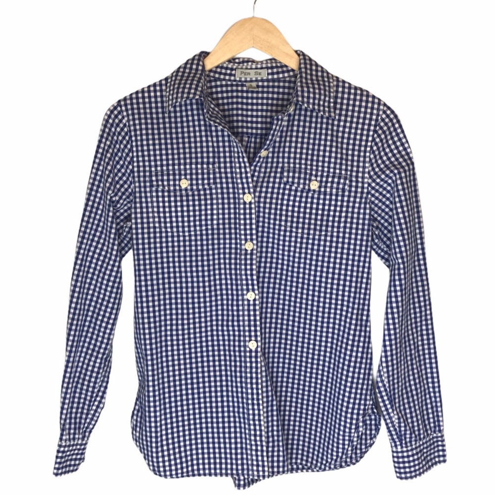 PER SE Gingham Long Sleeve Button Down Top